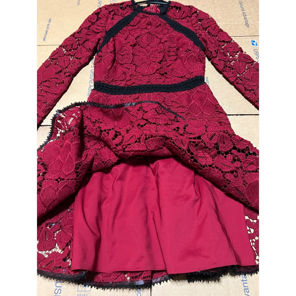 Alexis Khans Dress Burgundy Lace Long Sleeve Tiered Ruffle Mock Neck Cocktail S - Picture 7 of 10
